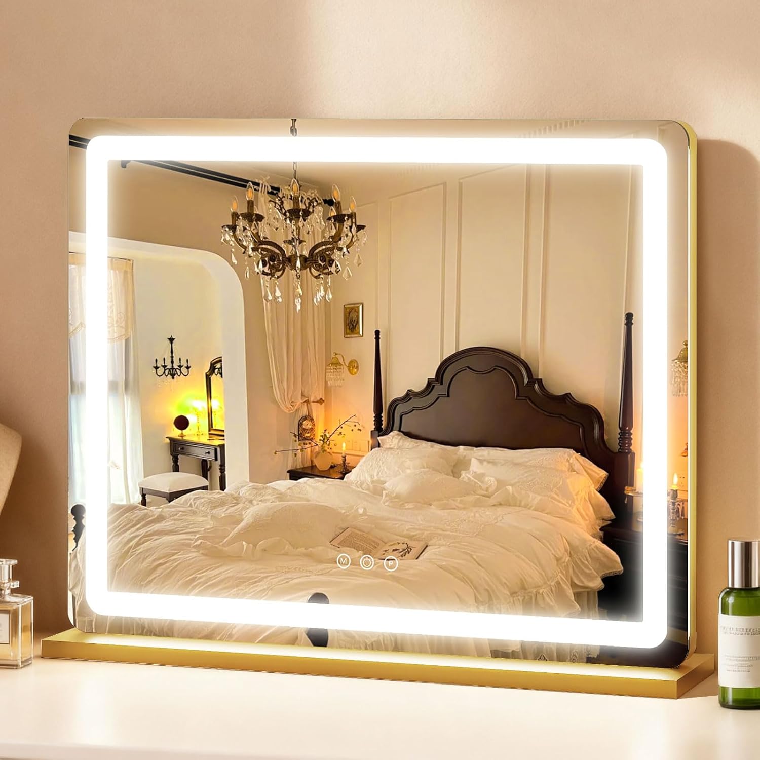 ROLOVE Vanity Mirror with Lights 23x18 Inch, Gold Lighted Makeup Mirror, 3 Color Modes, Smart Touch Dimming, Large Vanity Mirror for Desk, Bathroom, Wall