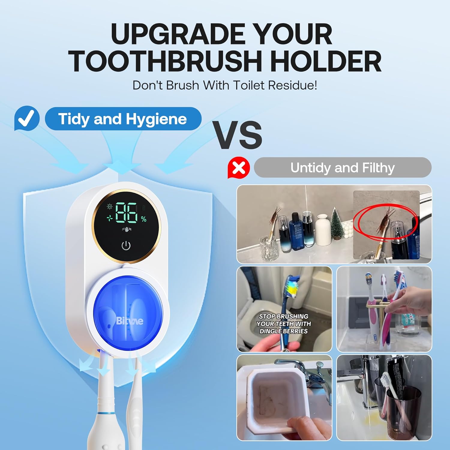 Bitvae Tooth Brush Holder for Bathroom, Infrared Sensing Toothbrush Cleaner, Wall-Mounted for Most Size Toothbrushes, Air Drying, LED Smart Screen, White Gold Trim