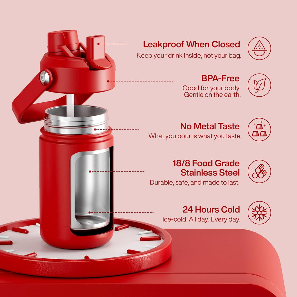 Kids Insualated Water Bottle with Straw - 12oz Stainless Steel Water Bottle with Dual Spouts, Leak-Proof, BPA-Free, Double Wall Vacuum Keeps Cold for 24 Hours for Sports, Travel (Medium Carmine)