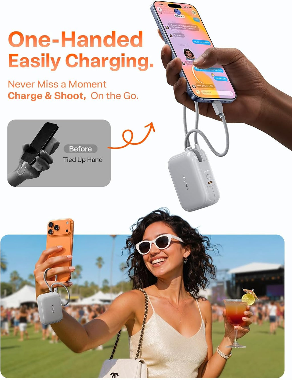 TORRAS EasyGo Portable Charger, 45W Fast Charging 10000mAh Power Bank [Travel & Daily Essentials] Built in Cable USB C, Phone Battery Pack Powerbank for iPhone Air/17/16/15 Series, Samsung, iPad etc