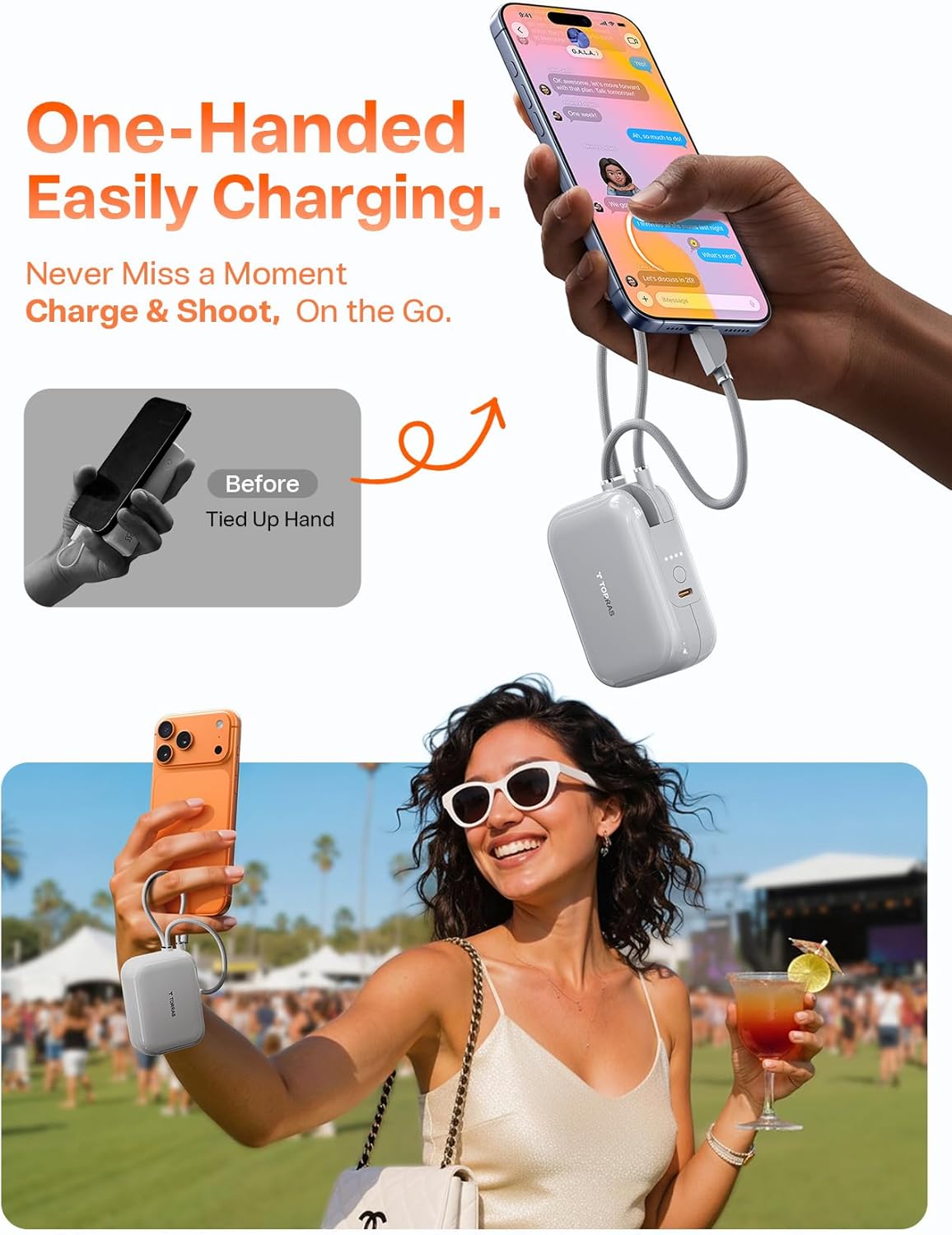 TORRAS EasyGo Portable Charger, 45W Fast Charging 10000mAh Power Bank [Travel & Daily Essentials] Built in Cable USB C, Phone Battery Pack Powerbank for iPhone Air/17/16/15 Series, Samsung, iPad etc