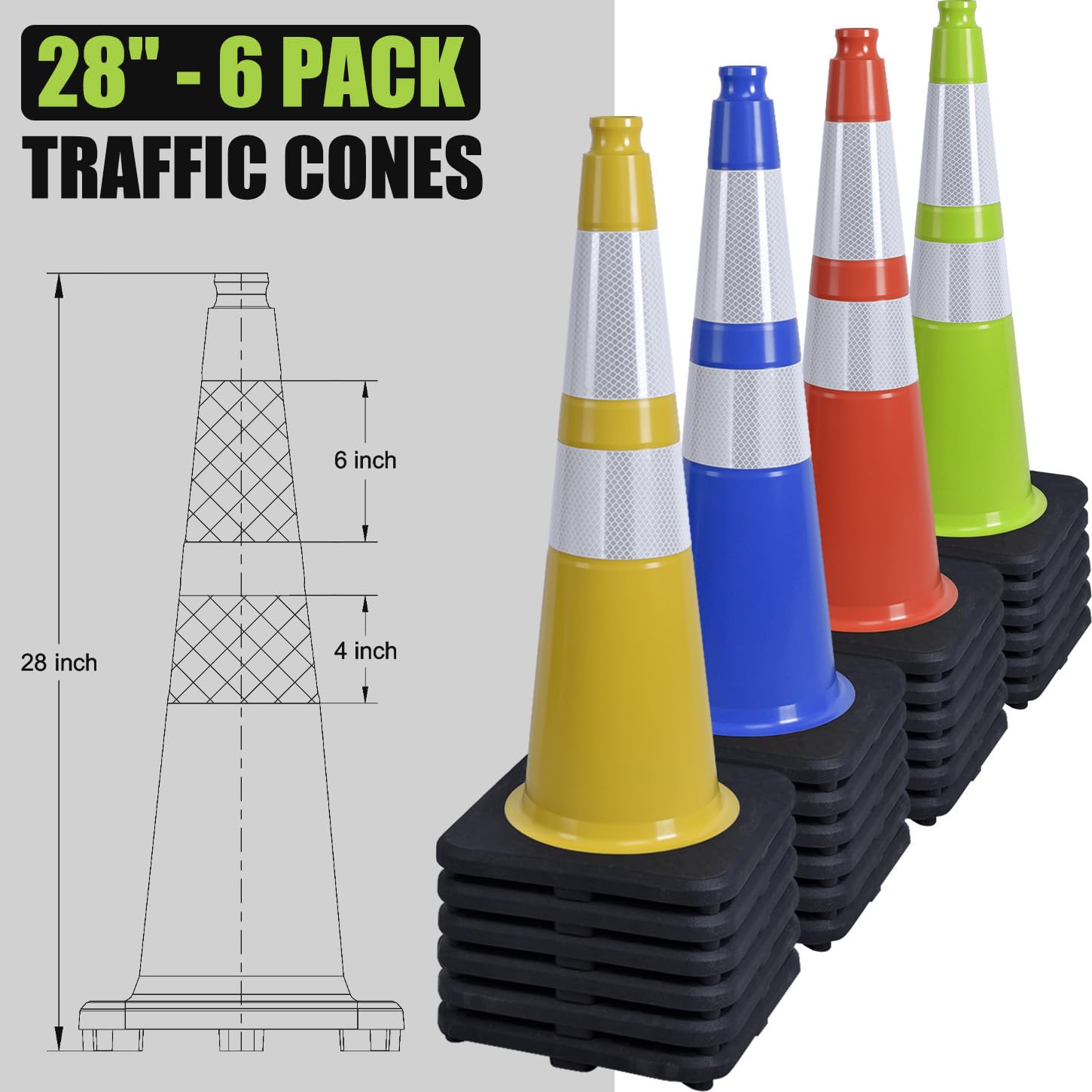 6 Pack 28" Inch Large PVC Traffic Cones with Heavy-Duty Black Base, High-Visibility All-Weather Safety Cones for Road Construction, Parking Lot, Garage Use (6, Green, 28" Large)