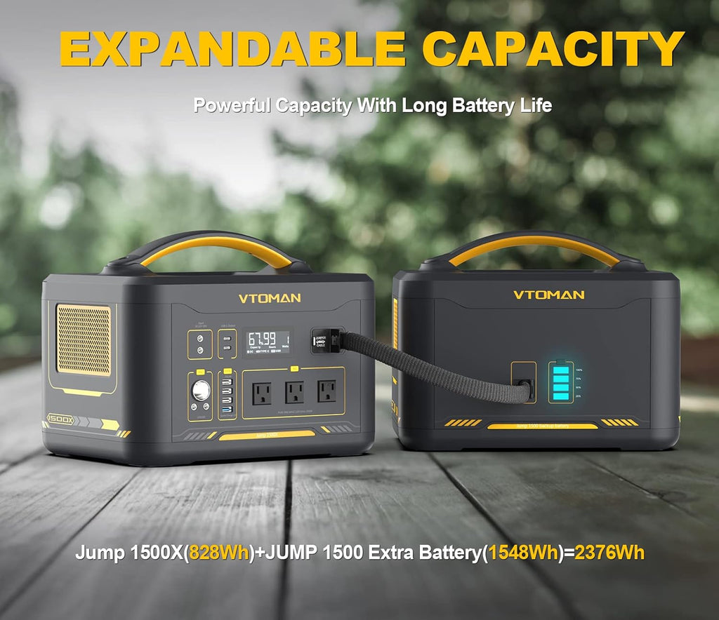 VTOMAN 2376Wh Portable Power Station, Jump 1500X Solar Generator with Extra Battery, 3000W Peak Durable LiFePO4 (LFP) Battery Station with 1500W AC Outlets, PD 100W for Home Backup & RV/Van Camping