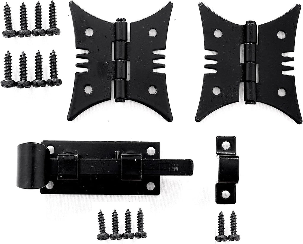 The Rustic Express, Speak-Easy Door Latch and Decorative Hinge Kit Includes 1 Speak-Easy Latch, 2 Butterfly Hinges and 12 Black mounting Screws, Size (Latch 3-1/4” x 1” x 1” Hinge 2” x 2-3/8”)