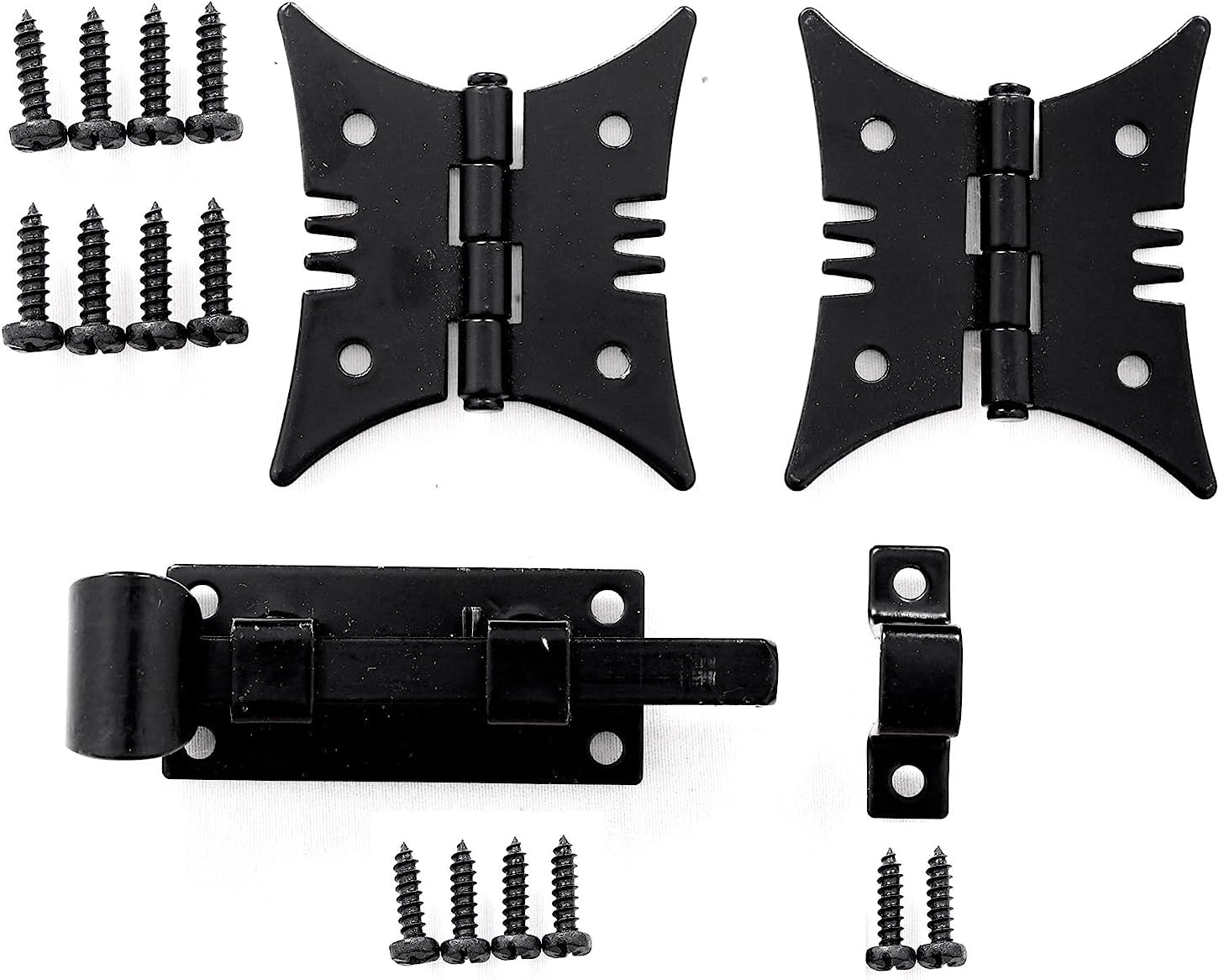 The Rustic Express, Speak-Easy Door Latch and Decorative Hinge Kit Includes 1 Speak-Easy Latch, 2 Butterfly Hinges and 12 Black mounting Screws, Size (Latch 3-1/4” x 1” x 1” Hinge 2” x 2-3/8”)
