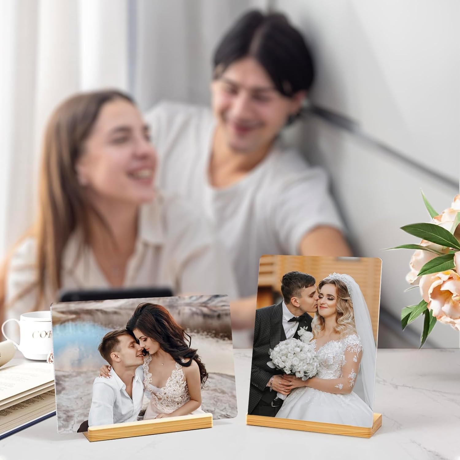 Custom Photo Prints - Metal Desktop Picture Frame with Photos & Wooden Base Personalized Gifts for Family Friends Lovers and Pets, Optional Multiple Sizes