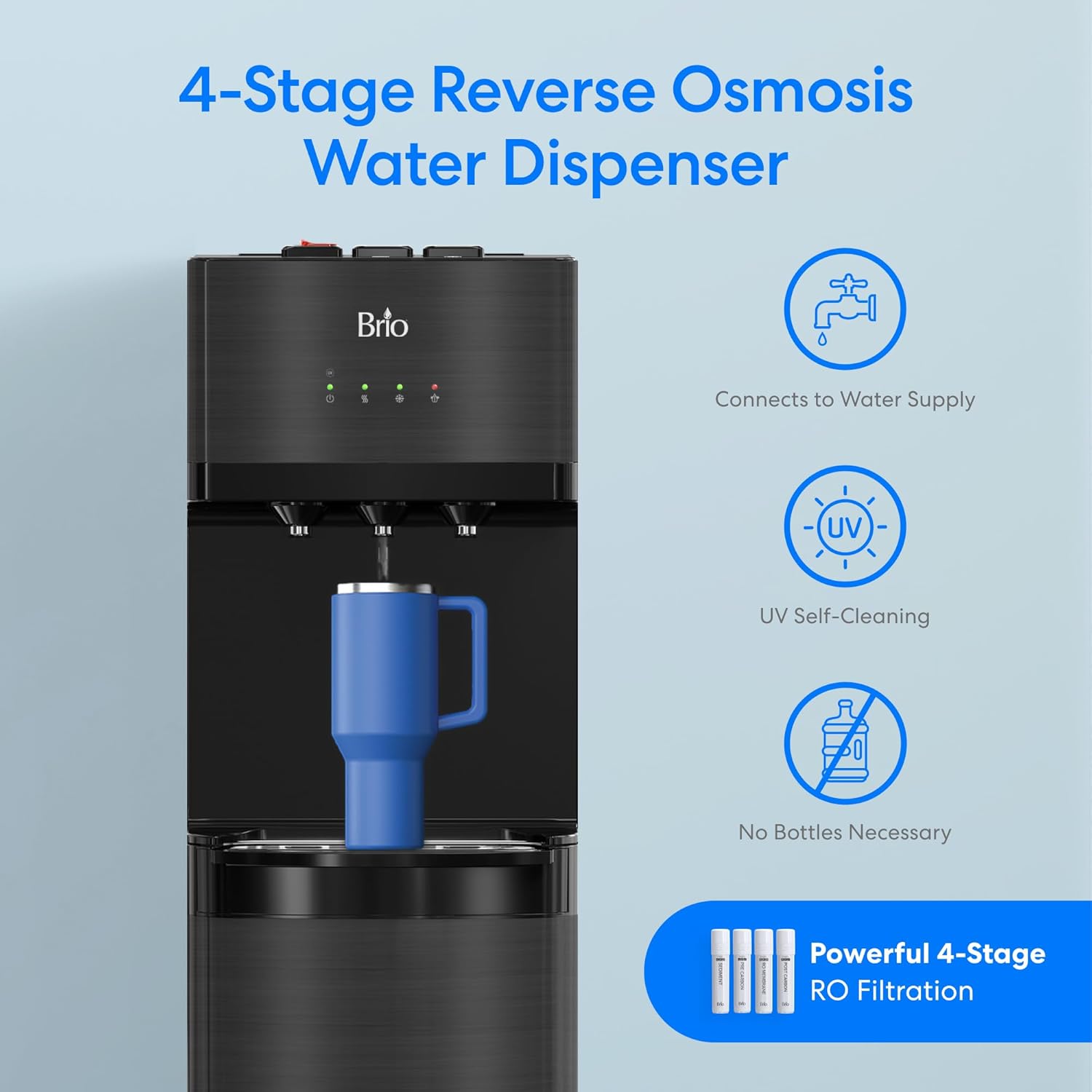 Brio 500 Series 4-Stage Bottle-Less POU Tri-Temperature Digital Self Cleaning Water Cooler Dispenser