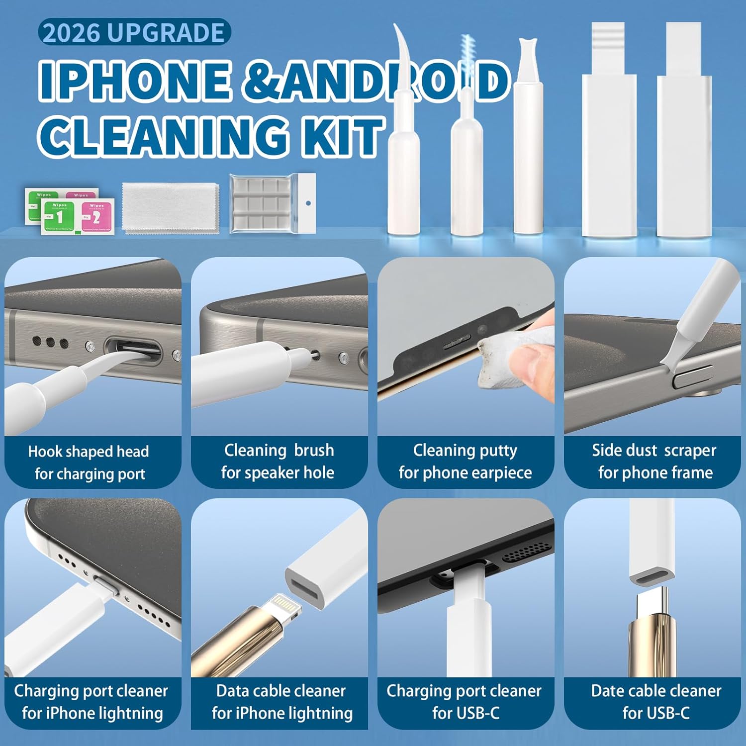 2026 Upgrade Phone Cleaning Kit 47PCS, iPhone Cleaning Kit, Airbud AirPods Cleaning Kit, Keyboard Cleaning Kit, Charging Port Cleaner for Apple Lightning/Android USB-C (White)