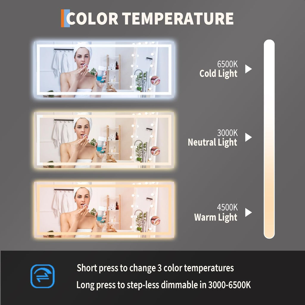 GarveeHome 60x24 LED Bathroom Mirror with Lights, Dimmable, Anti-Fog, Backlit + Front Lit, and 3X Magnification Mirror, Smart Bathroom Vanity Mirror for Wall, Memory Function, Shatter-Proof