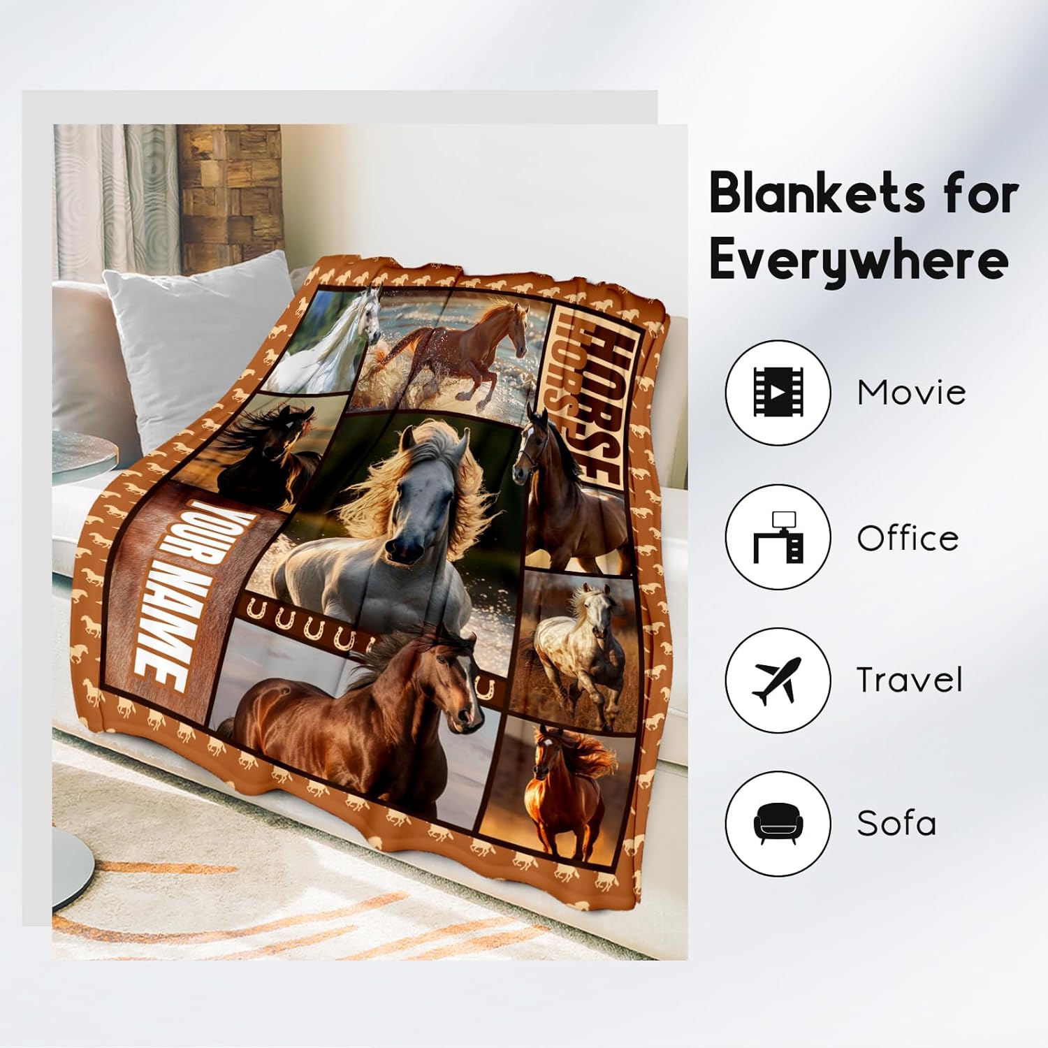 Custom Girls Blanket, Personalized Horse Gifts for Girl Ages 8-12 10-12, 40"x50" Kids Throw Blankets for Adults Women, Cowgirl Room Decor Western Throws for Animal Lovers