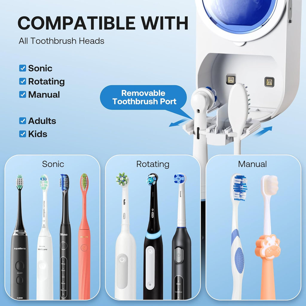 Bitvae Tooth Brush Holder for Bathroom, Infrared Sensing Toothbrush Cleaner, Wall-Mounted for Most Size Toothbrushes, Air Drying, LED Smart Screen, White Gold Trim