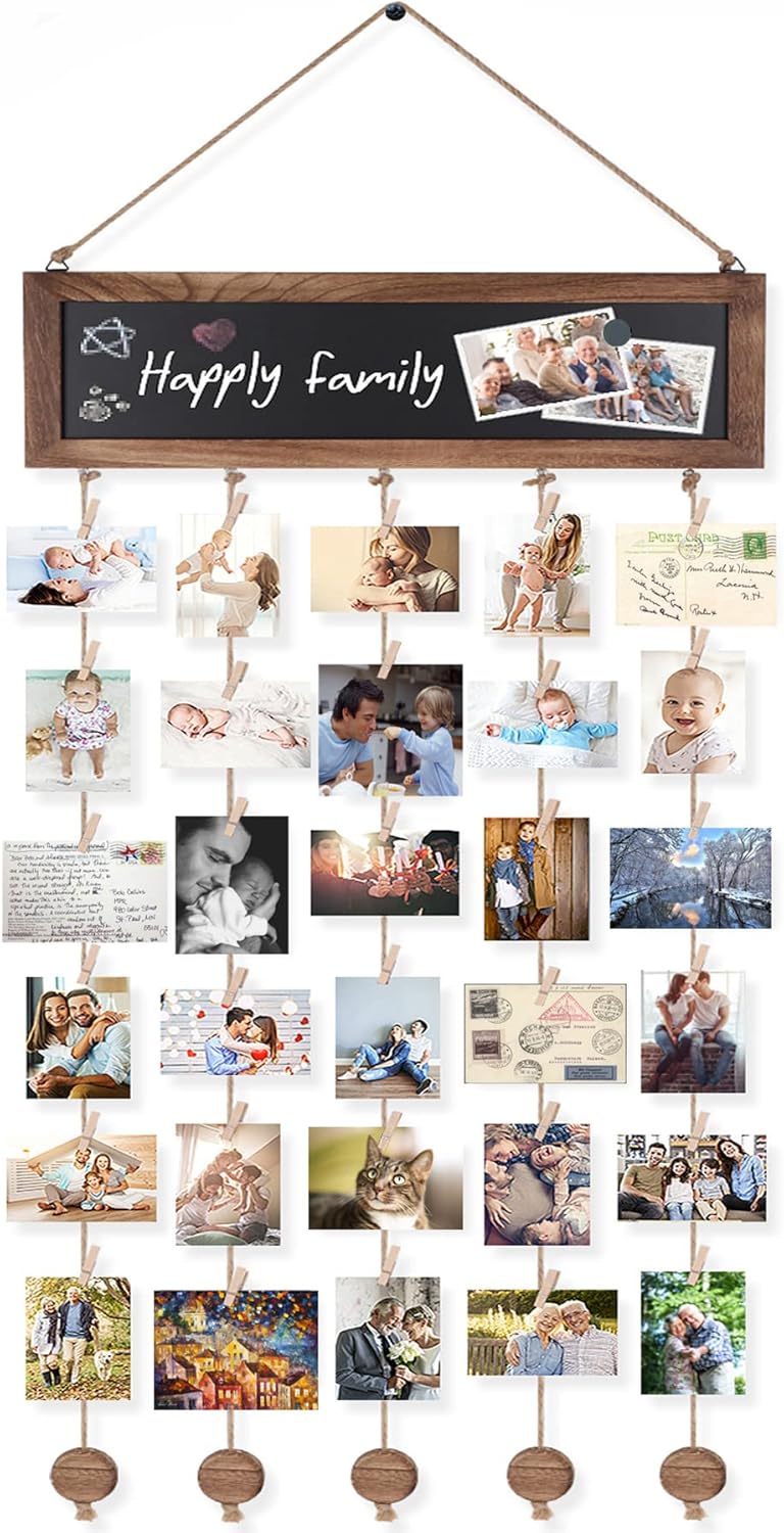 Bikoney Picture Frames Collage Photo Hanging Display Picture Board Wood Rustic Frames for Wall Decor and Dorm Room Decor with Blackboard and 30 Clips Carbonized Black