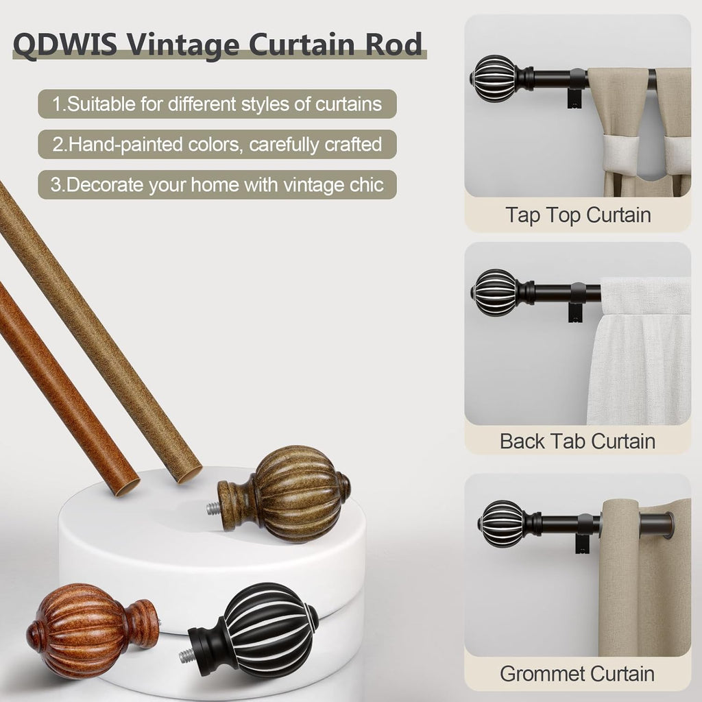 2 Pack Black Curtain Rods for Windows 28 to 48 Inch, 1'' Adjustable Heavy Duty Curtain Rod，Vintage Decorative Drapery Rods with Pumpkin Finials for Bedroom Living Room