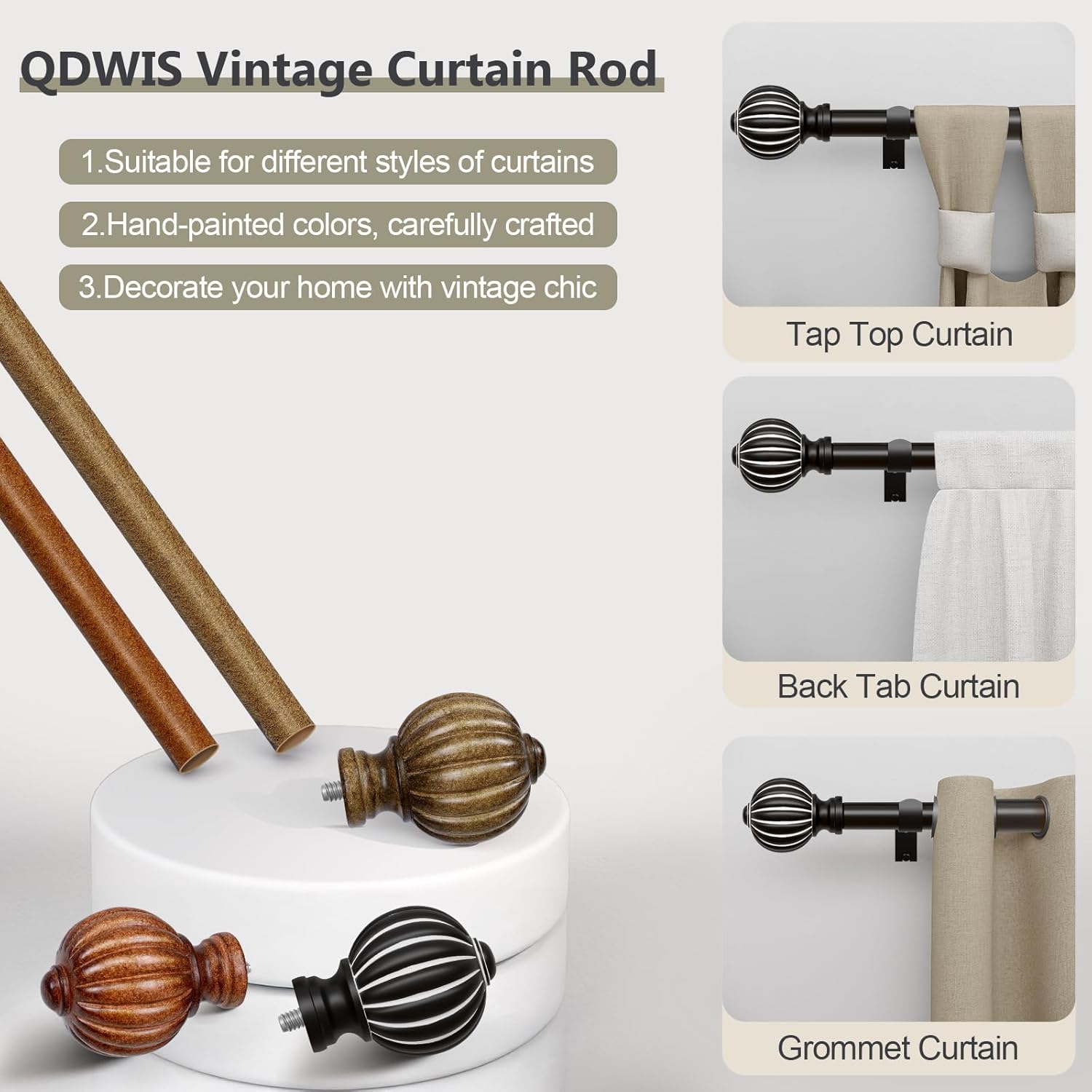 2 Pack Black Curtain Rods for Windows 28 to 48 Inch, 1'' Adjustable Heavy Duty Curtain Rod，Vintage Decorative Drapery Rods with Pumpkin Finials for Bedroom Living Room
