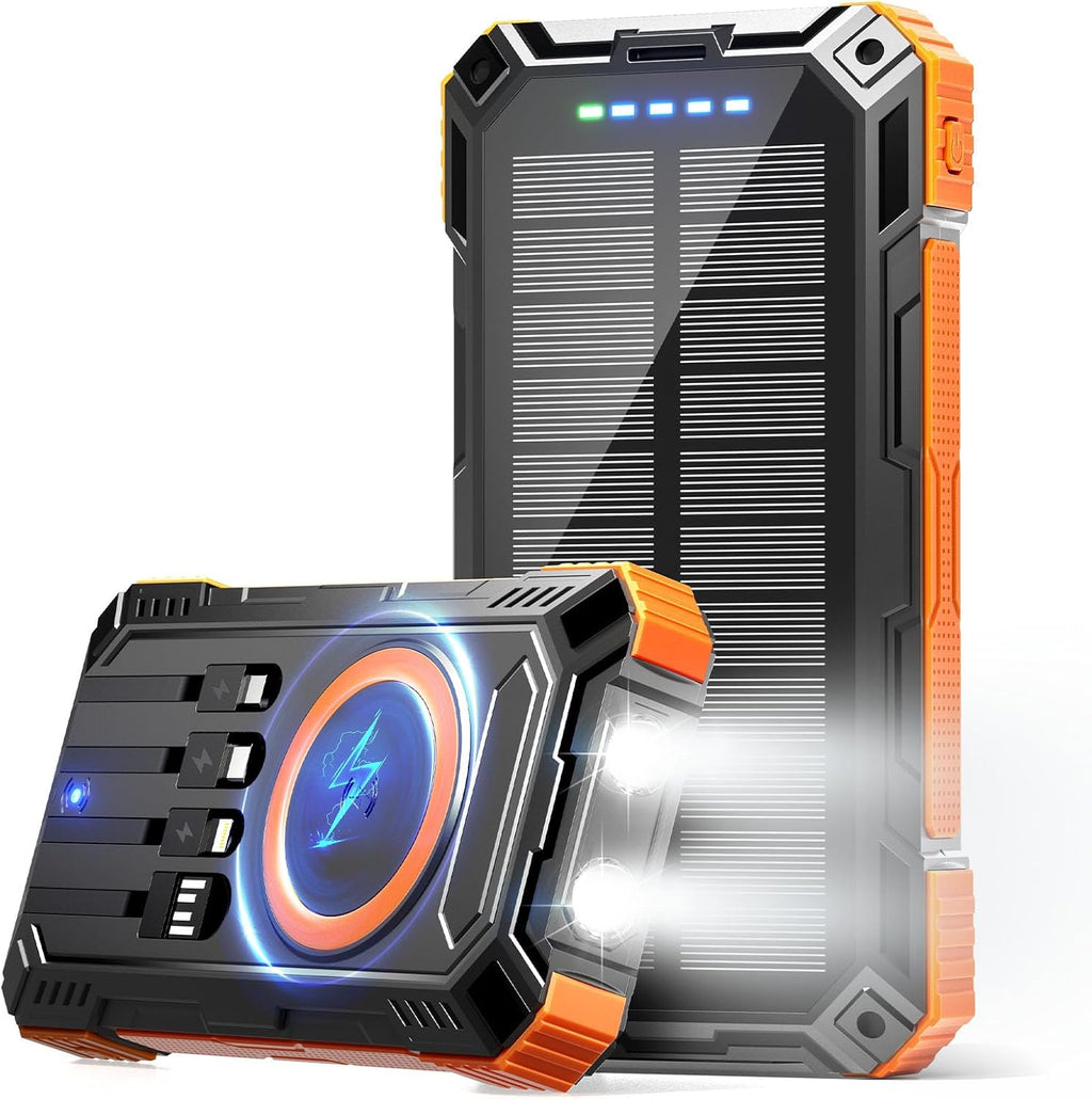 Solar Power Bank 49800mAh Wireless Portable Charger with USB-C 15W Fast Charging with 4 Built-in Cables LED Flashlight Battery Pack Compatible with iPhone, iPad, Smartphone,Perfect for Camping, Hiking