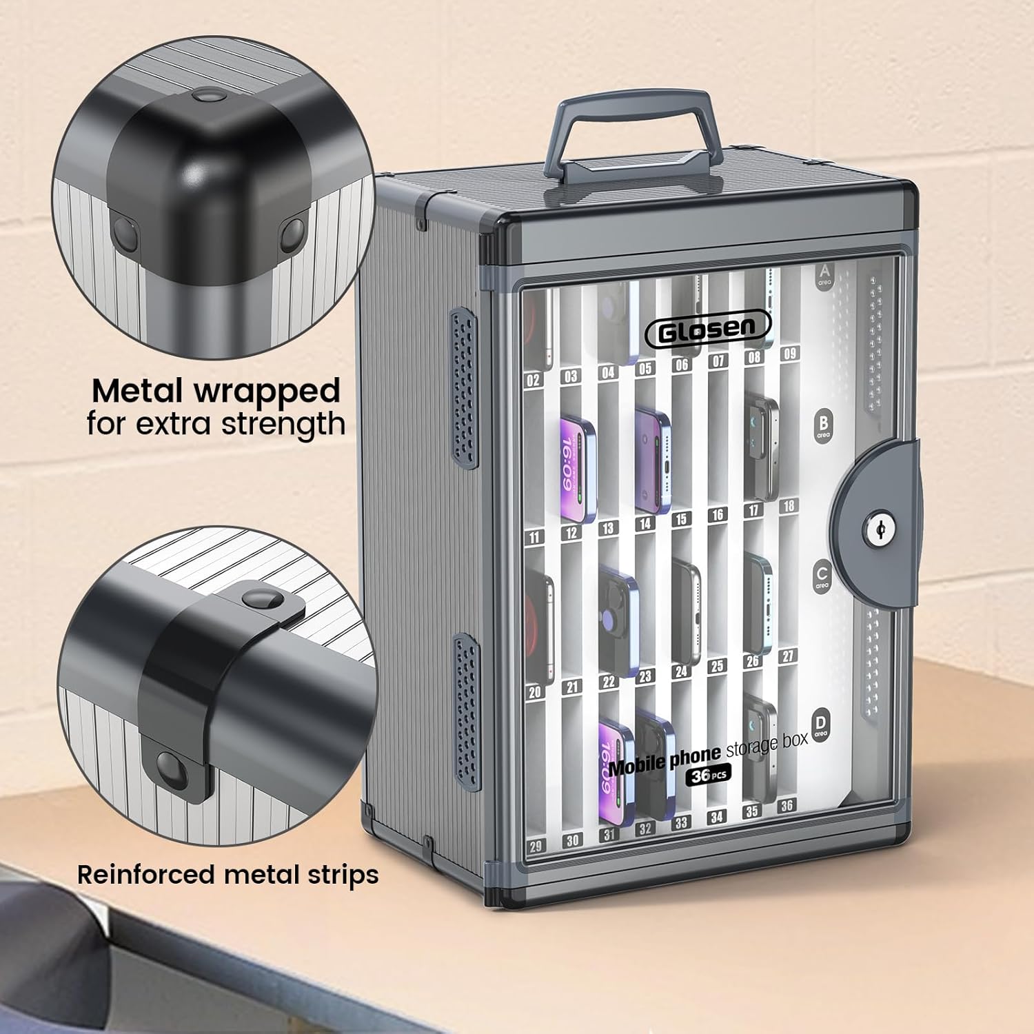 Glosen 36 Slots Cell Phone Locker, Portable Phone Storage Cabinet [Wall Mounted] [Aluminum Alloy] Cellphone Lock Box with Key & Handle for School Classroom Office Exam (Black)