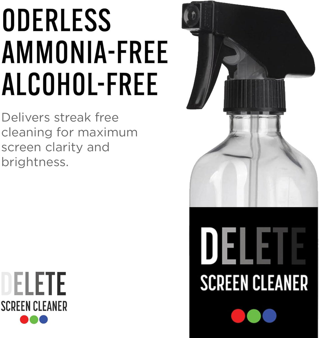 Delete Screen Cleaner 16oz Spray Bottle | Premium Streak-Free, Alcohol & Ammonia-Free Solution for All Devices | Gentle, Odorless & Easy to Use | Improves Visibility & Longevity of Screens