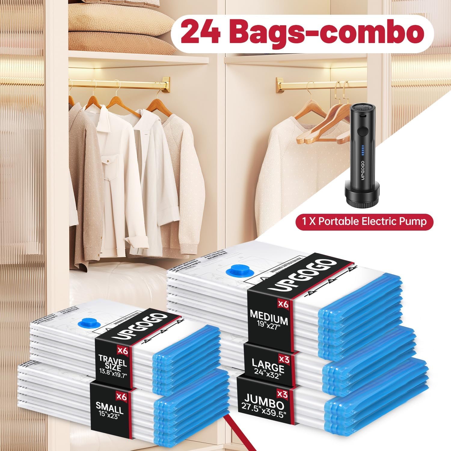Combo 24 Pack Vacuum Storage Bags with Portable Electric Pump,Vacuum Seal Bags for Clothing,Space Saver Bags,Vacuum Travel Bags for Luggage