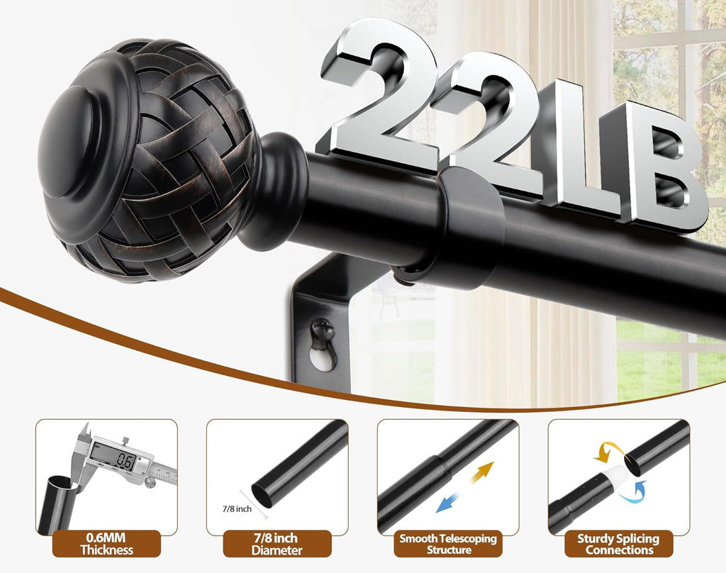 TONIAL Black Curtain Rod 32 to 120 Inches, 7/8 Adjustable Curtain Rods for Windows 20 to 116 Inches, Splicing Drapery Rods Heavy duty with Netted Texture Finials