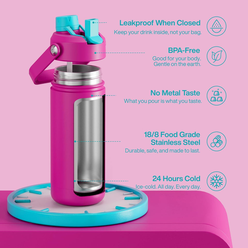 ENCOOL Insulated Water Bottle with Straw Stainless Steel Water Bottle, Leak-Proof, BPA-Free, Double Wall Vacuum Keeps Cold for 24 Hours for Sports, Travel, School (18 oz, Light Crimson)