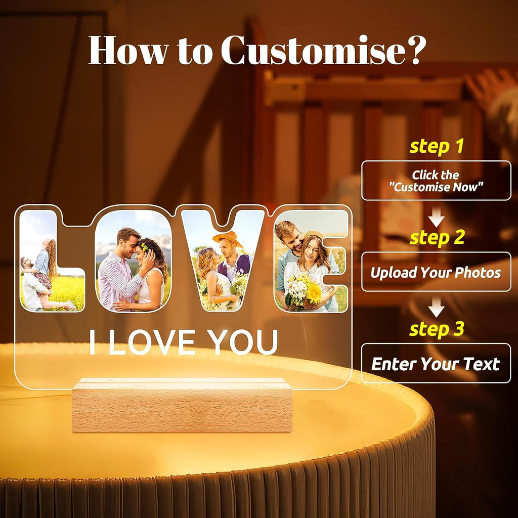 Custom Picture Frames with Photo, Personalized Picture Frame with Night Light, Customized Photo Frame Gifts, Personalized Anniversary Valentines Day Gifts for Women Men Her Him Girlfriend Boyfriend Couple