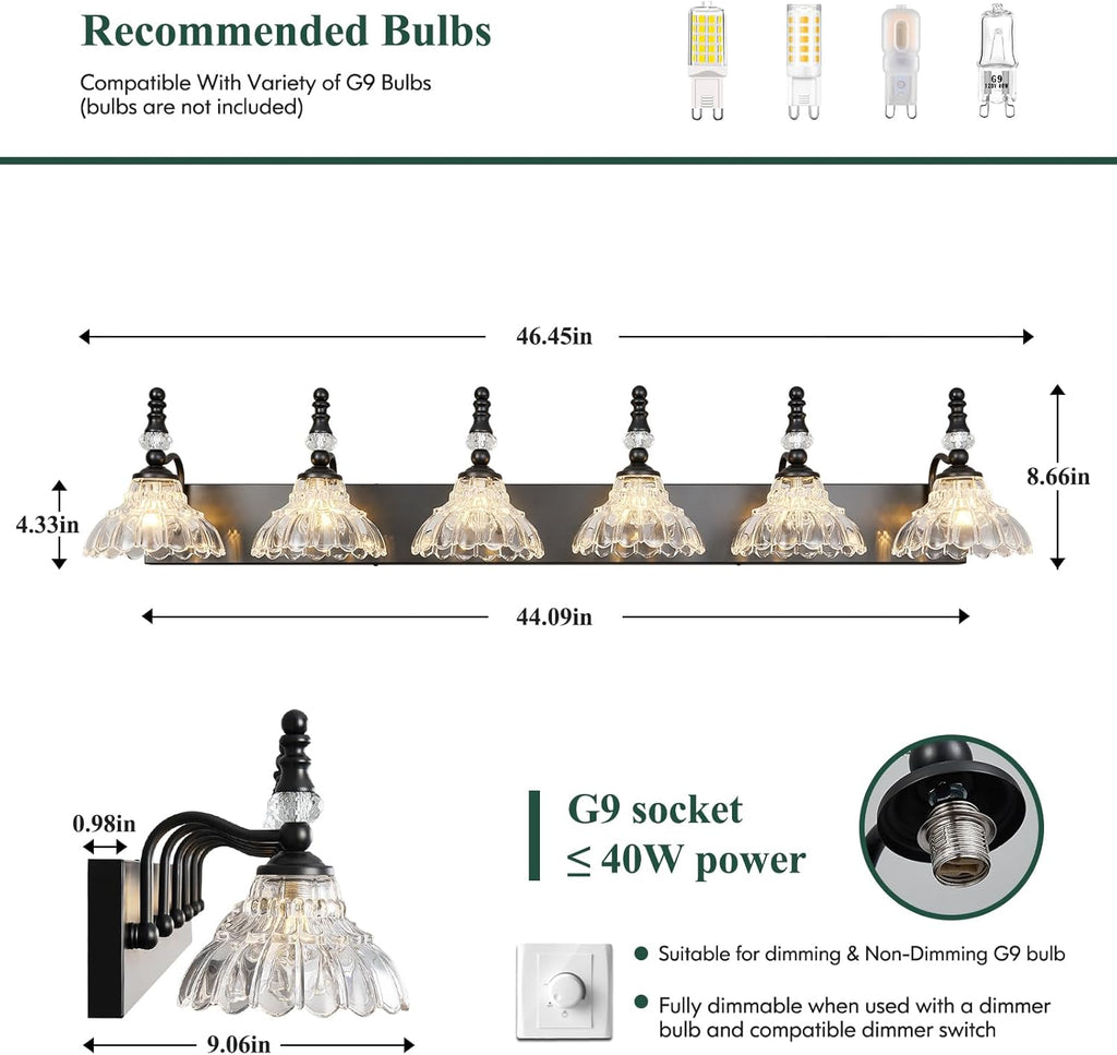 Vintage Bathroom Vanity Light, 6-Light Black Vanity Lighting Fixture with Flower Glass Shade, Bathroom Lighting Fixtures Over Mirror