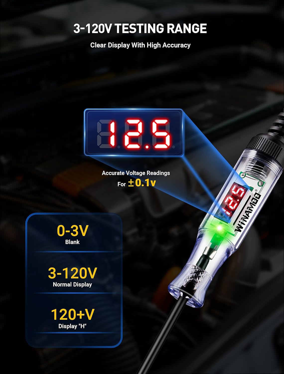 Automotive Test Light with 3-120V LED Digital Voltage Display, Auto Circuit Tester with Voltmeter & Dual Color Polarity Indicate, Electric Test Pen w/Stainless Probe for Car/Truck/SUV Checker