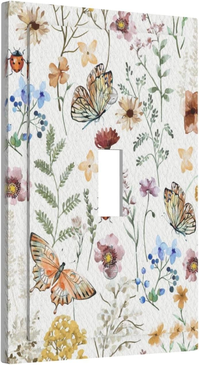 Decorative Light Switch Cover Boho White Background Butterfly Rustic Flower Single Toggle Personalized Wall Plate Switchplate 1 Gang Switchcover Decora Light Switch Plate for Home Decor