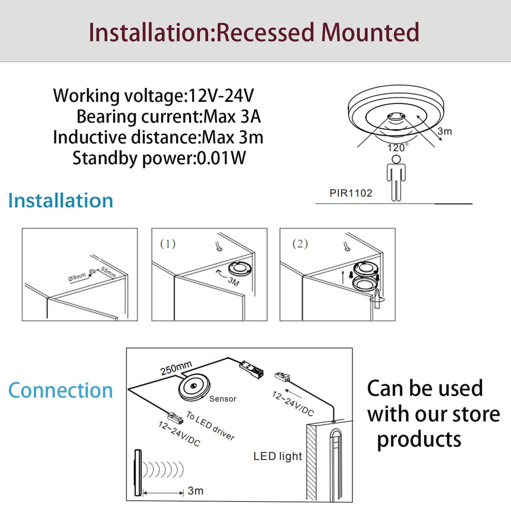 VST Motion Sensor Light Switch, IR Sensor, Led Light Automatic Door Switch for Closet Light Under Cabinets Counters Wardrobes with 12V JST Male and Female Connector (DC 12/24V)