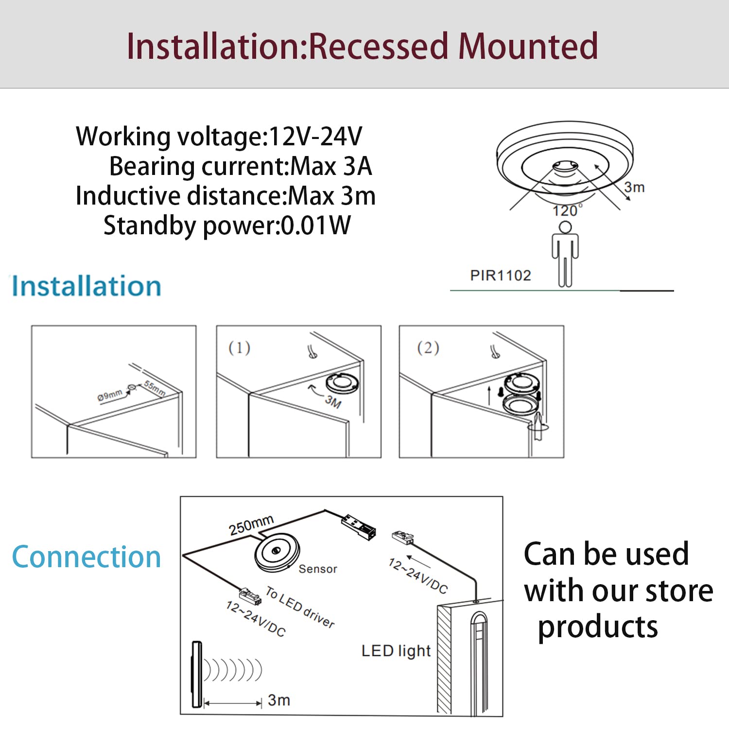 VST Motion Sensor Light Switch, IR Sensor, Led Light Automatic Door Switch for Closet Light Under Cabinets Counters Wardrobes with 12V JST Male and Female Connector (DC 12/24V)