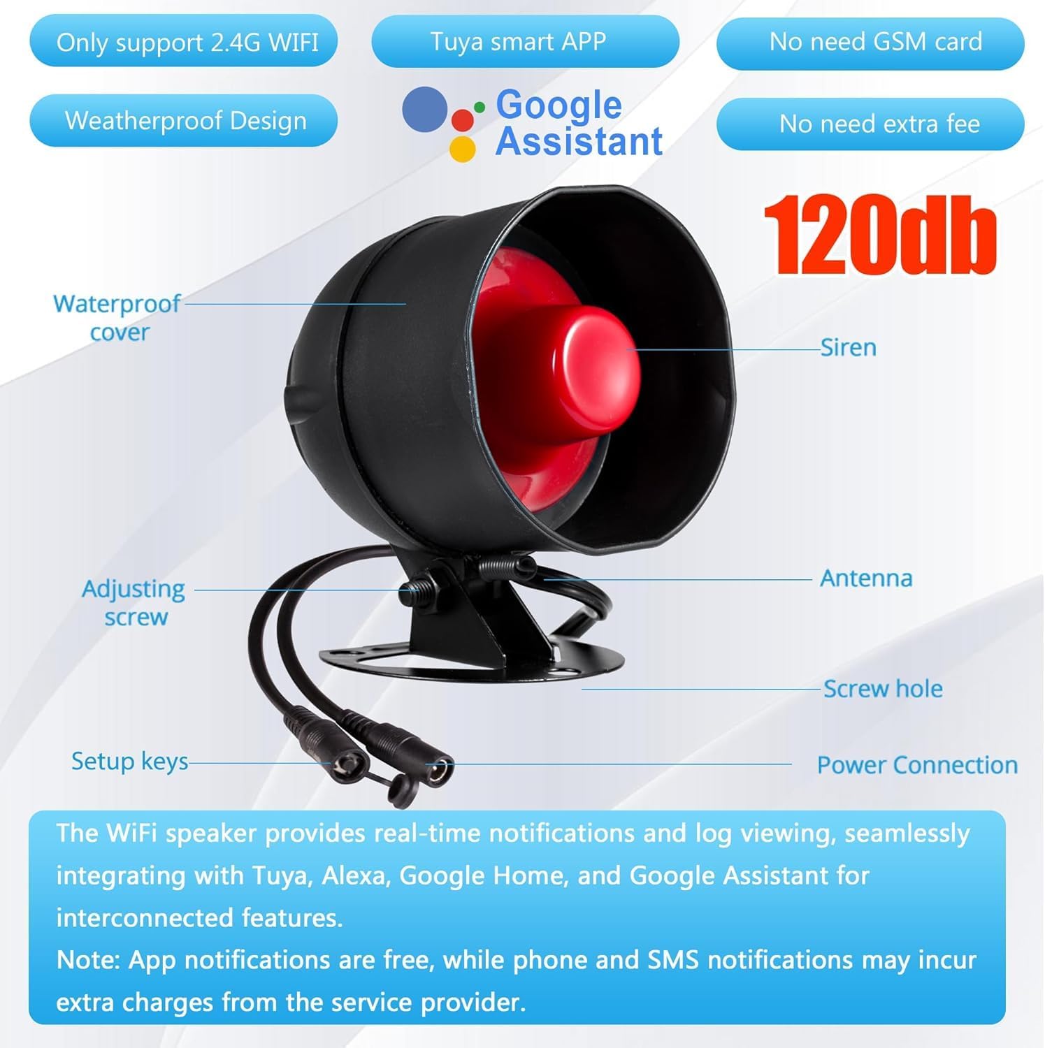WiFi Alarm System for Home Security, 120dB Wireless Alarm Security System with Free Notification APP Control and Motion Sensor Siren, Remote Control for Shed Garage