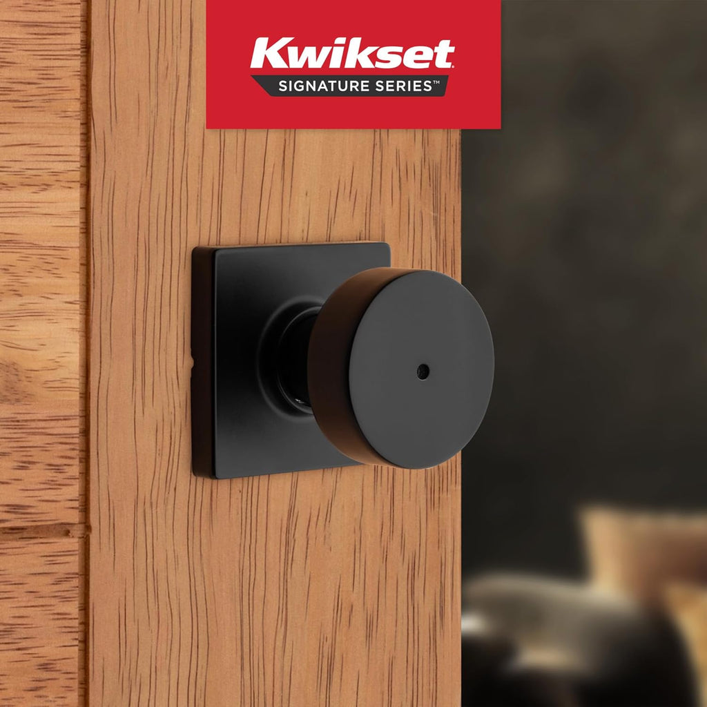 Kwikset Pismo Interior Privacy Door Knob with Lock, Door Handle for Bathroom and Bedroom, Matte Black Keyless Turn Lock Doorknob, with Microban Protection, Square Rose (Pack of 4)
