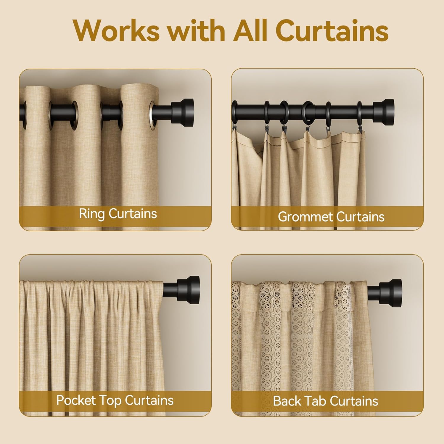 Yafex Curtain Rod 32-58 Inch, Heavy Duty 1 Inch Adjustable Curtain Rods for Windows, Black Short Window Treatment Rods, Modern Design, Easy Installation