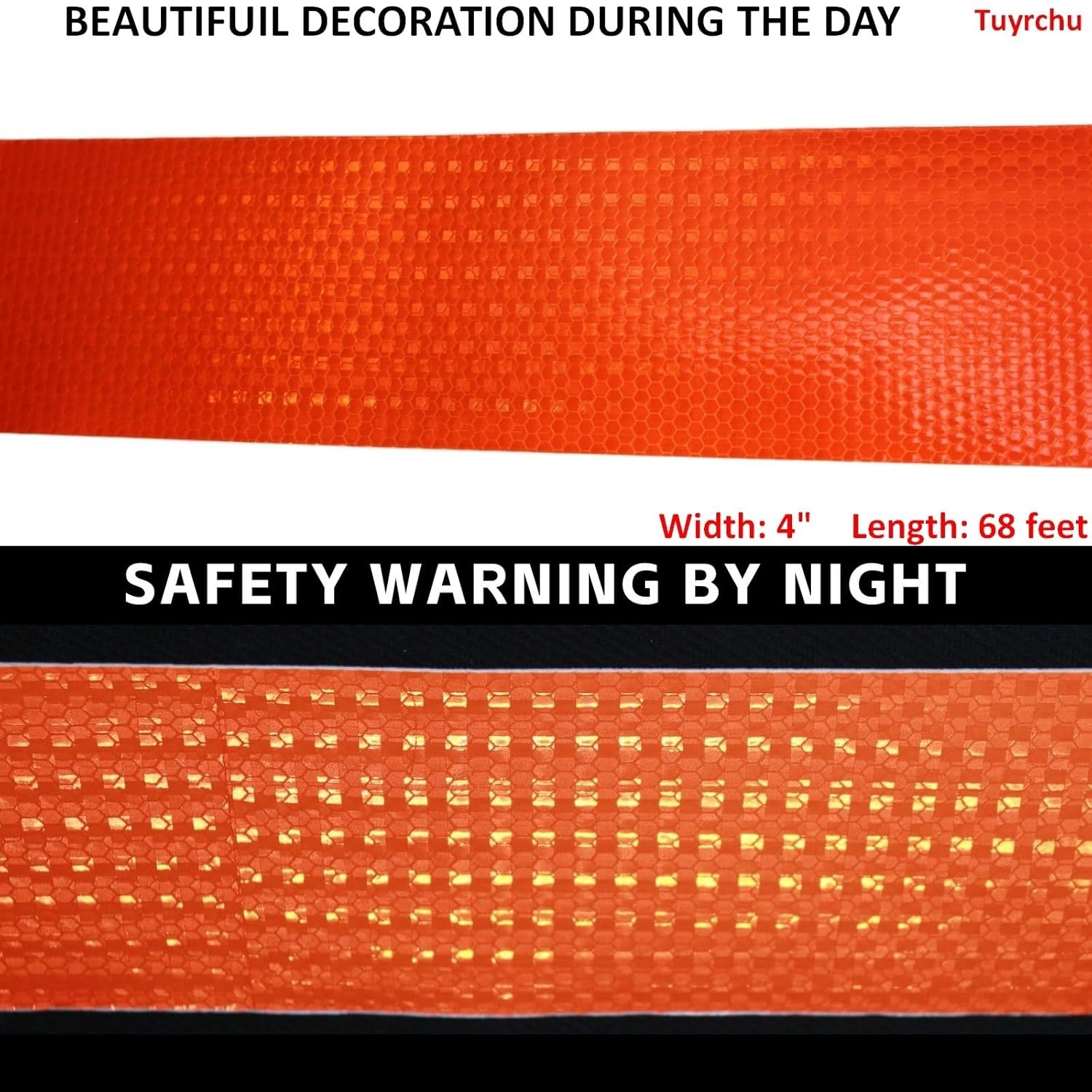 Orange Reflective Tape Outdoor Waterproof 4 inch Wide, High Visibility Warning Safety Industrial Marking Tape (68 feet)