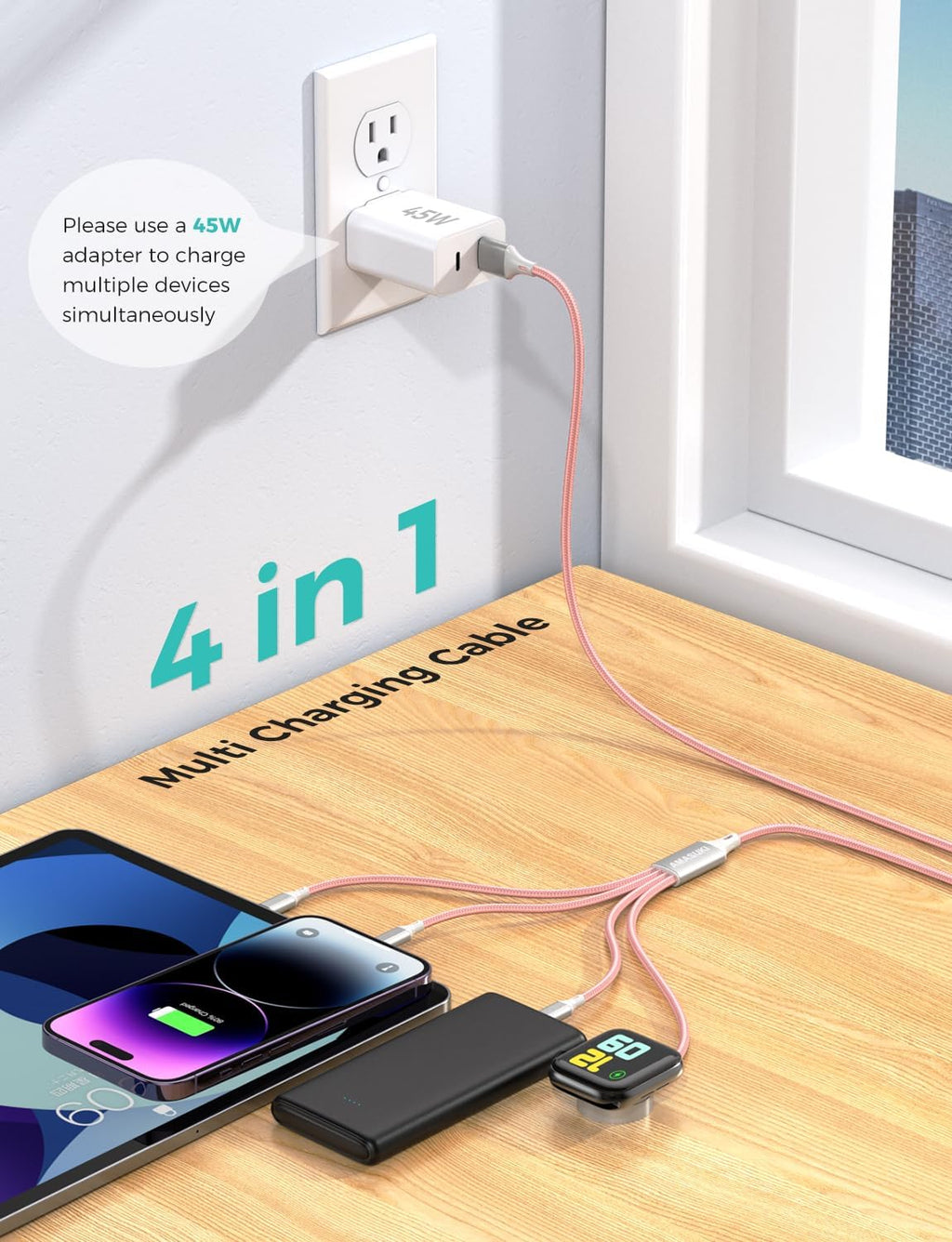 Travel Essentials,4 in 1 for Apple Watch Charger/iPhone Charger/Multi Charging Cable,Vacation RV Camping Essentials,USB C/L/Micro Portable Charger for iWatch 11-1/iPhone 17-12,Car&Gift-Pink