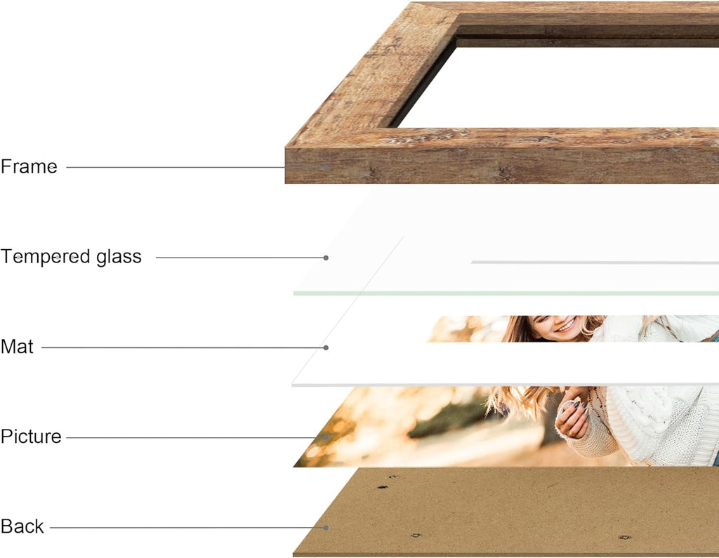 iRahmen 11x14 Picture Frame Set of 4 with Tempered Glass, Rustic Brown Frame Display 8x10 Pictures with Mat or 11 x 14 Without Mat, Wooden Photo Frames for Wall Mounting