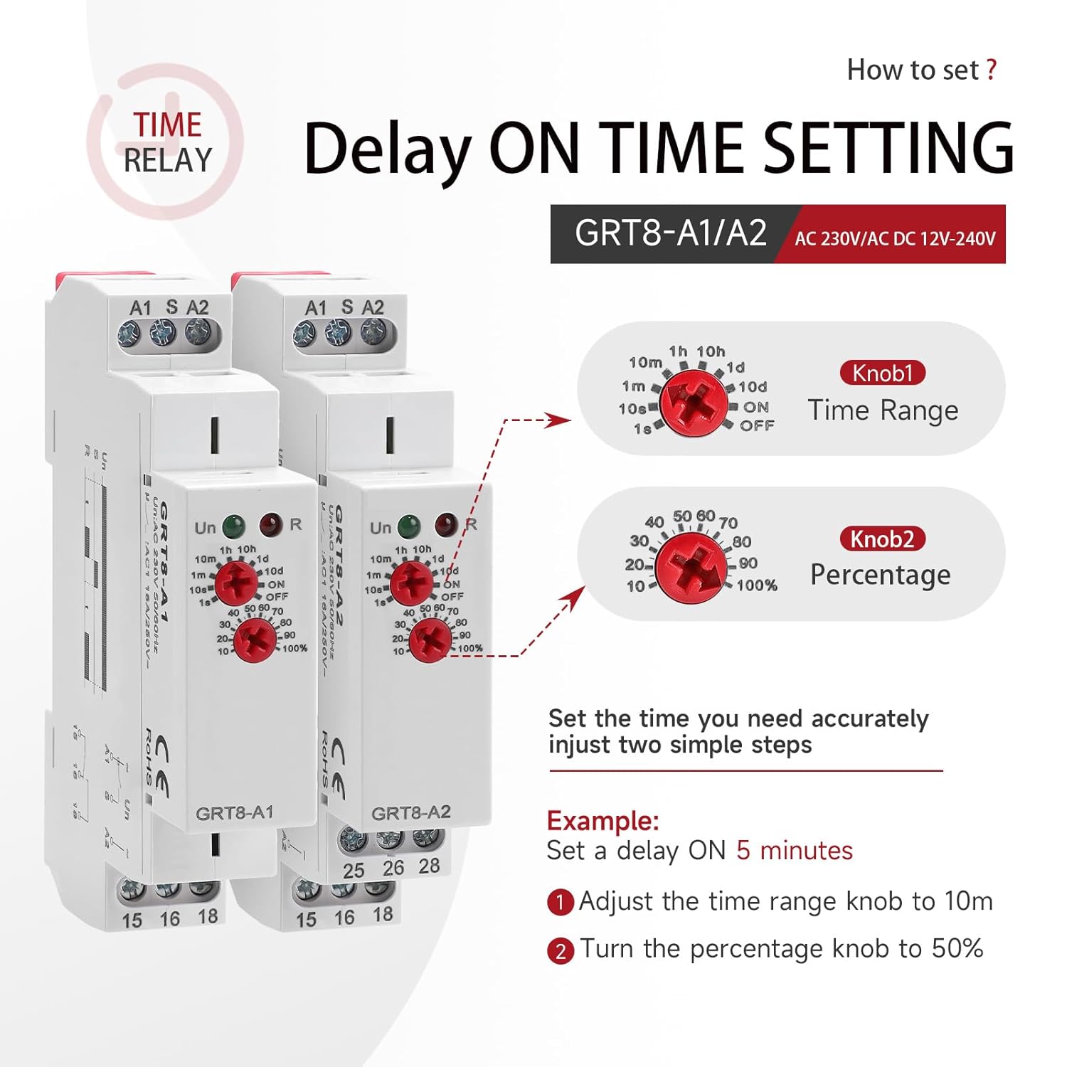 Delay On Time Relay 16A, Delay On Timer Relay GRT8 A1 Voltage Range AC DC 12V to 240V DIN Rail Electronic Relays of Wide Time Delay Range for 0.1 Seconds to 10 Days