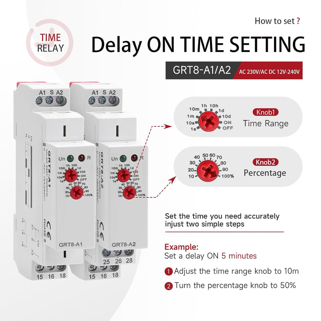 Time Relay GRT8-A2 Delay On Timer Switch, 16A 230V Adjustable Timer Relay in Din Rail for Industrial Grade Waterproof and Dustproof Design