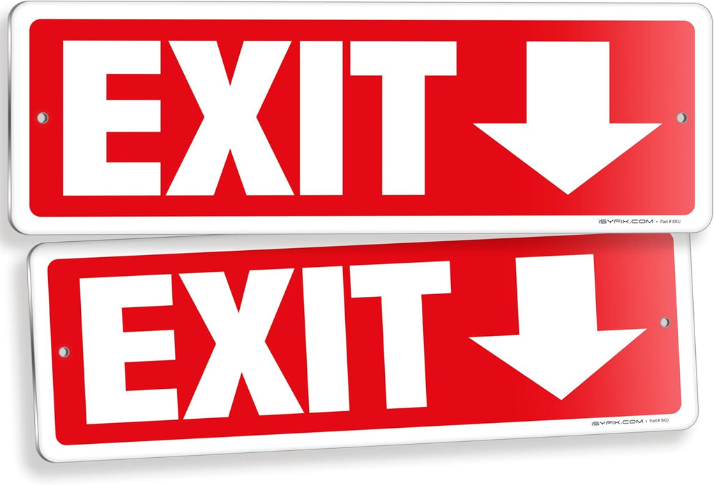 iSYFIX Exit Signs 2 Pack 12x4 Inch with Directional Down Arrows - Rust Free Aluminum, Laminated for UV, Weather, Scratch Resistance - Ideal for Offices, Schools, Theaters, Restaurants