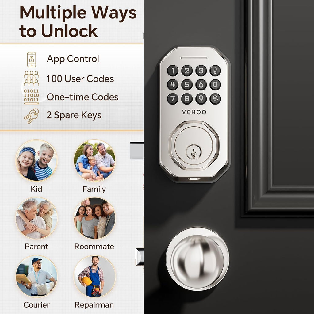 Keyless Entry Door Lock Set Smart Locks for Front Keypad Door Lock with Handle Automatic Lock One Time Password Anti Peeping Password IP54, Satin Nickel