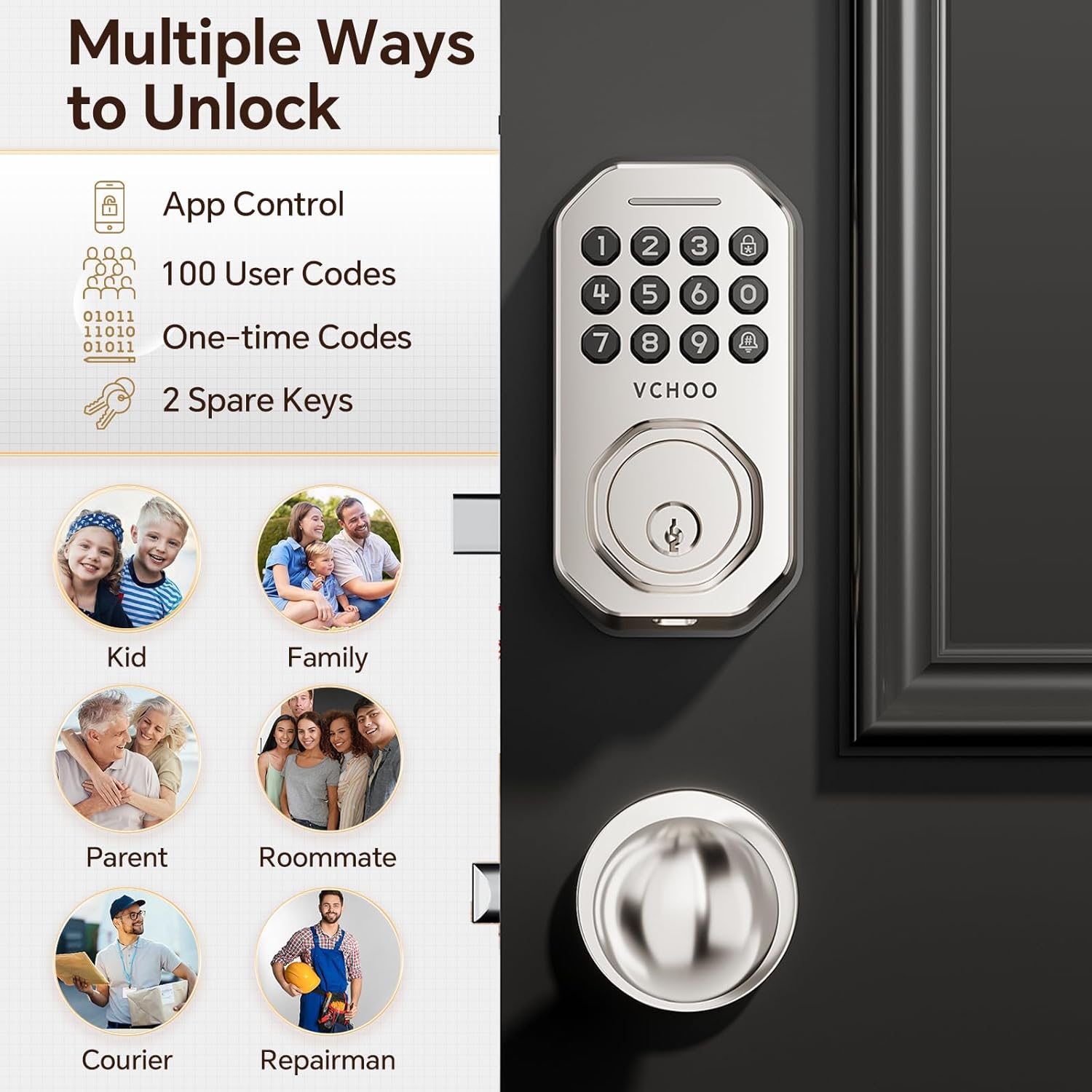 Keyless Entry Door Lock Set Smart Locks for Front Keypad Door Lock with Handle Automatic Lock One Time Password Anti Peeping Password IP54, Satin Nickel