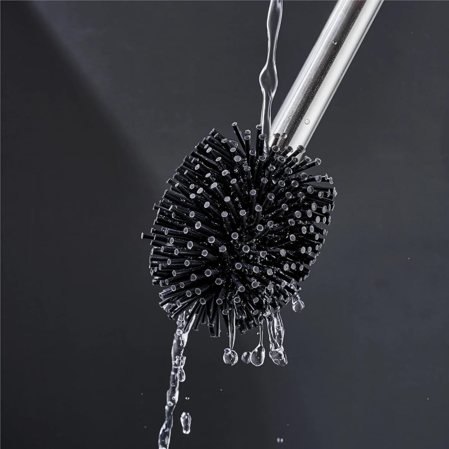 Smart Stainless Steel Black Toilet Brush Holder Standing Long Handle Cleaning Soft TPR Silicone Head