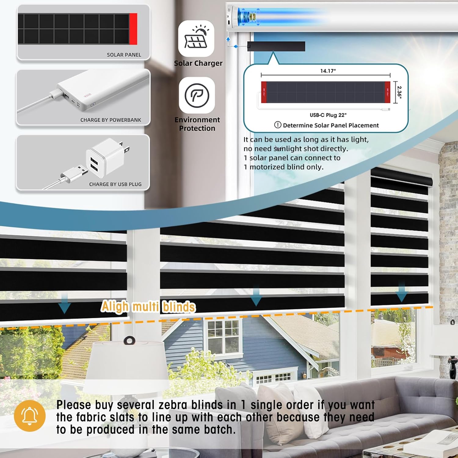 SmartWings Motorized Zebra Shades with Valance Work with Homekit Thread Alexa Z-Wave Smart Dual Layer Shades with Remote Control, Automatic Horizontal Window Blind, 90% Blackout 95mm Astrid Black