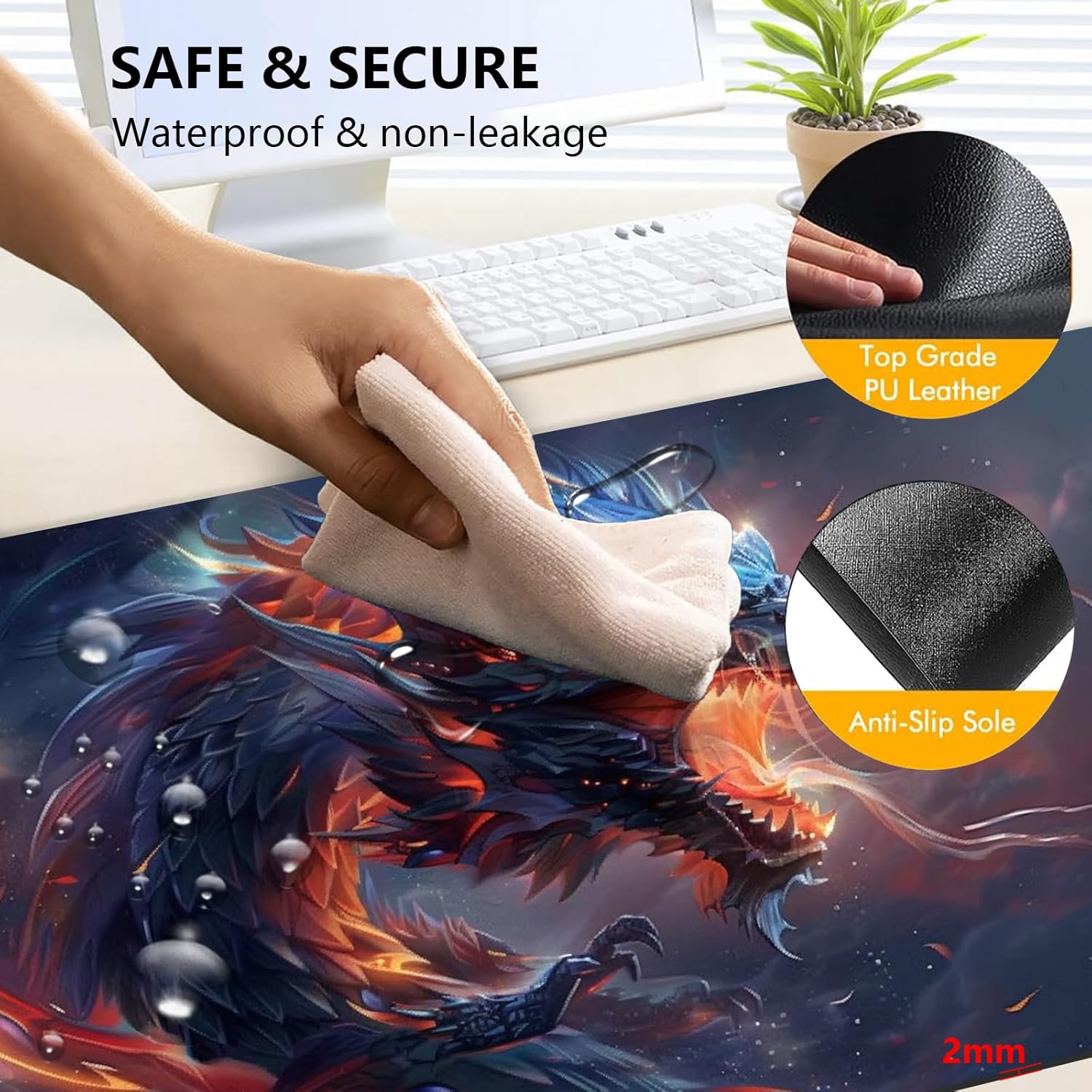 Heated Mouse Pad with 3 Levels Heated & 3 Hours Auto Shut-Off Mouse Pad for Warming Hands in Office Home, 23.6" x 14.2"Large Safe Desk Mat Hand Warmer，Watercolor Dragon