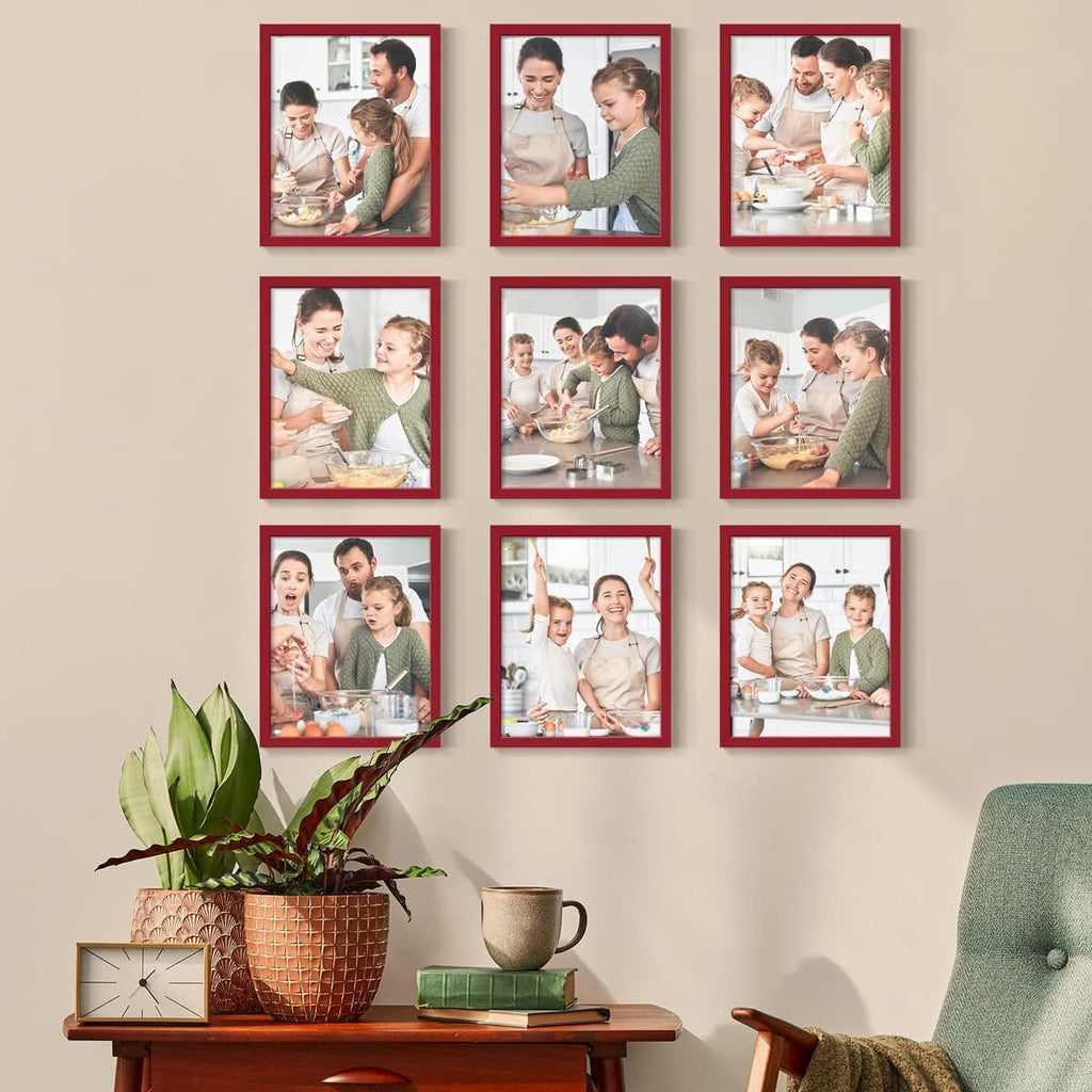 Renditions Gallery Set of 9, 11X14 Custom Photo Prints with Real Wood Picture Frames. Create Personalized Photos with Peel & Stick Photo Frames. Red Frame