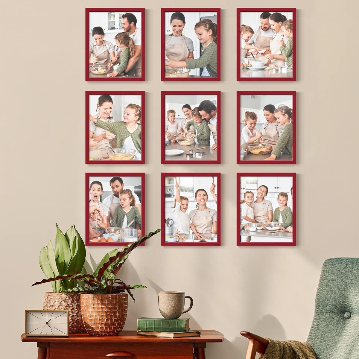 Renditions Gallery Set of 9, 8X10 Custom Photo Prints with Real Wood Picture Frames. Create Personalized Photos with Peel & Stick Photo Frames. Red Frame