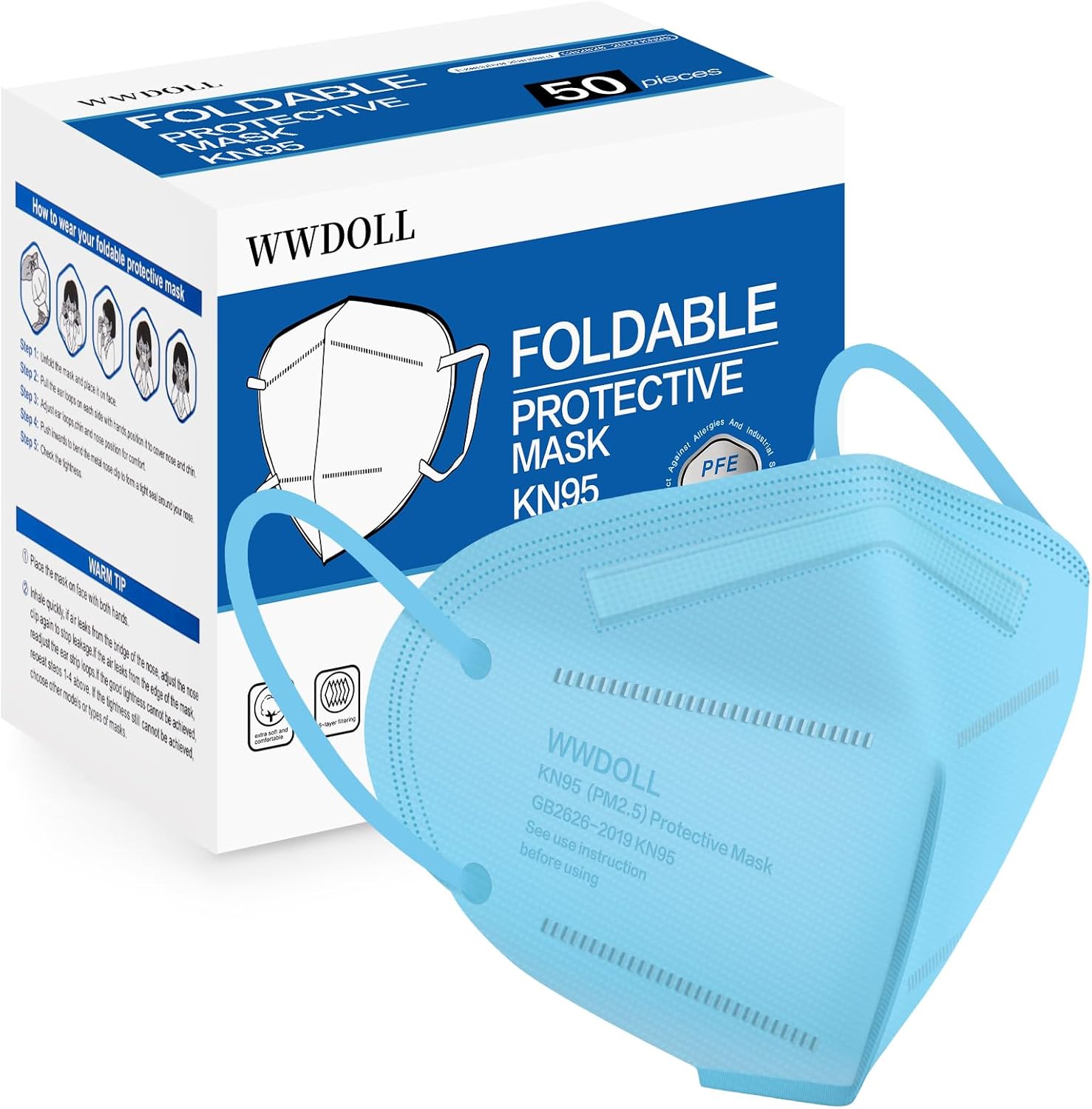 WWDOLL KN95 Face Mask 50 Pack, 5-Layers Breathable KN95 Masks, Blue