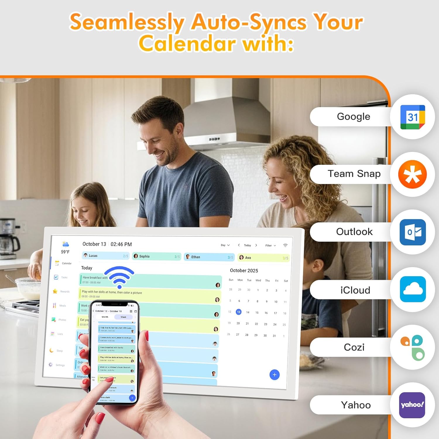 Smart Calendar Digital Frame Chore-Chart-for-Planner - 24 Inch Electronic Calendar for Family Schedules, Touchcreen Interactive Display, Auto-Sync Google/iCloud/Outlook Calendars, Selectable Reminders