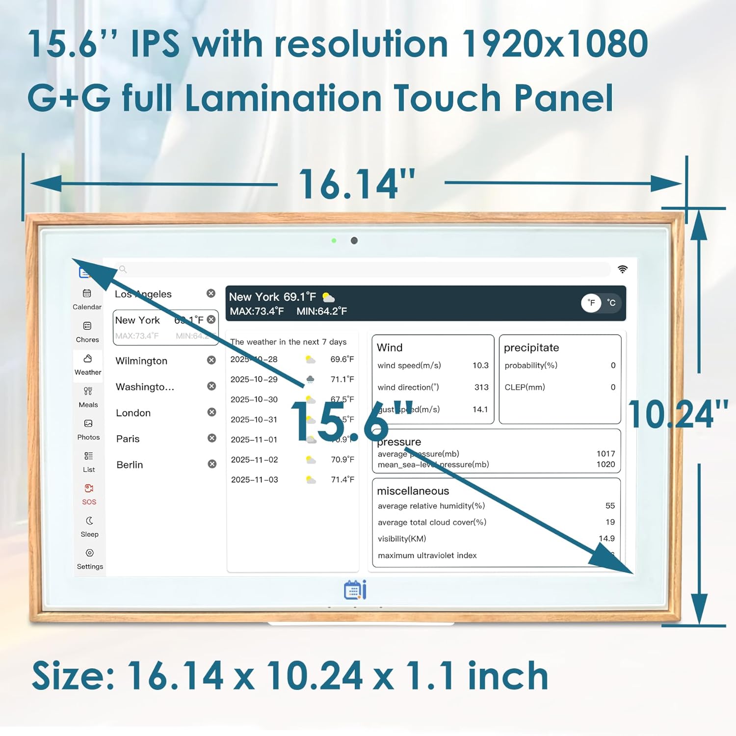 USIN 15.6 inch Wooden Digital Calendar, Wall Touch Screen Home Organizor, Family Chore Charts and Meal Planner, Interactive Display schedule, Desk and Wall Mounted, Electronic Calendars with Free App