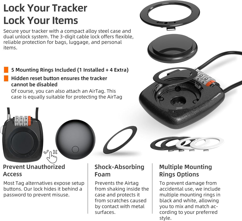 [Apple MFi Certified] iOS Tracker Tag & Holder with Combination Lock, Compatible with Apple Find My, AirTag Holder Case, GPS Tracker Luggage Lock for Travel Essentials, Suitcase, Backpack, Kids, Bag